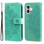 For iPhone 16 7-petal Flowers Embossing Leather Phone Case(Green)