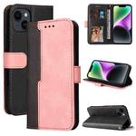 For iPhone 15 Plus Stitching-color Leather Phone Case(Pink)