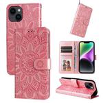 For iPhone 15 Embossed Sunflower Leather Phone Case(Pink)
