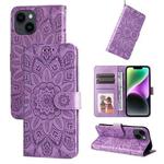 For iPhone 15 Embossed Sunflower Leather Phone Case(Purple)