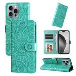 For iPhone 16 Pro Max Embossed Sunflower Leather Phone Case(Green)