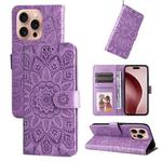 For iPhone 16 Pro Embossed Sunflower Leather Phone Case(Purple)