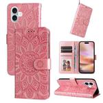 For iPhone 16 Plus Embossed Sunflower Leather Phone Case(Pink)