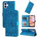 For iPhone 16 Plus Embossed Sunflower Leather Phone Case(Blue)