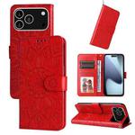 For iPhone 17 Pro Embossed Sunflower Leather Phone Case(Red)