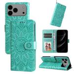For iPhone 17 Pro Max Embossed Sunflower Leather Phone Case(Green)