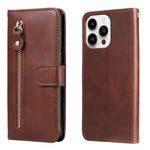 For iPhone 15 Pro Max Fashion Calf Texture Zipper Leather Phone Case(Brown)