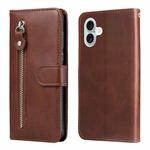 For iPhone 16 Plus Fashion Calf Texture Zipper Leather Phone Case(Brown)