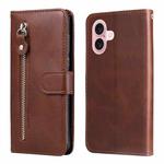 For iPhone 16 Fashion Calf Texture Zipper Leather Phone Case(Brown)