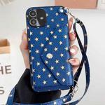 For iPhone 12 Star Pattern Phone Case With Card Bag and Lanyard(Blue)