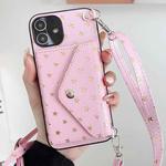 For iPhone 12 Star Pattern Phone Case With Card Bag and Lanyard(Pink)