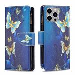 For iPhone 15 Pro Max Colored Drawing Pattern Zipper Phone Leather Case(Gold Butterfly)