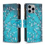For iPhone 15 Pro Max Colored Drawing Pattern Zipper Phone Leather Case(Plum Blossom)