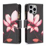 For iPhone 15 Pro Max Colored Drawing Pattern Zipper Phone Leather Case(Lotus)