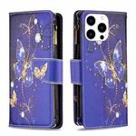 For iPhone 15 Pro Colored Drawing Pattern Zipper Phone Leather Case(Purple Butterfly)
