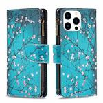 For iPhone 15 Pro Colored Drawing Pattern Zipper Phone Leather Case(Plum Blossom)