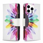 For iPhone 15 Pro Colored Drawing Pattern Zipper Phone Leather Case(Sun Flower)