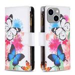 For iPhone 15 Plus Colored Drawing Pattern Zipper Phone Leather Case(Two Butterflies)