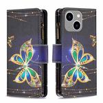 For iPhone 15 Plus Colored Drawing Pattern Zipper Phone Leather Case(Big Butterfly)