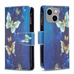 For iPhone 15 Plus Colored Drawing Pattern Zipper Phone Leather Case(Gold Butterfly)