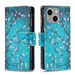 For iPhone 15 Plus Colored Drawing Pattern Zipper Phone Leather Case(Plum Blossom)