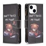 For iPhone 15 Colored Drawing Pattern Zipper Phone Leather Case(Bear)