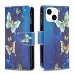 For iPhone 15 Colored Drawing Pattern Zipper Phone Leather Case(Gold Butterfly)