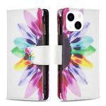 For iPhone 15 Colored Drawing Pattern Zipper Phone Leather Case(Sun Flower)