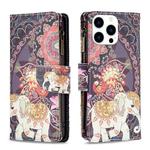 For iPhone 16 Pro Max Colored Drawing Pattern Zipper Phone Leather Case(Flower Elephant)