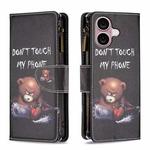 For iPhone 16 Colored Drawing Pattern Zipper Phone Leather Case(Bear)