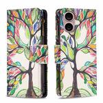 For iPhone 16 Colored Drawing Pattern Zipper Phone Leather Case(Tree)