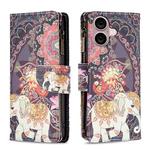 For iPhone 16 Colored Drawing Pattern Zipper Phone Leather Case(Flower Elephant)