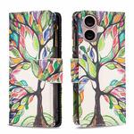 For iPhone 16 Plus Colored Drawing Pattern Zipper Phone Leather Case(Tree)