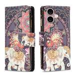 For iPhone 16 Plus Colored Drawing Pattern Zipper Phone Leather Case(Flower Elephant)