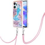 For Honor X7a Electroplating IMD TPU Phone Case with Lanyard(Blue Marble)