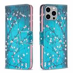 For iPhone 15 Pro Max Colored Drawing Pattern Leather Phone Case(Plum Blossom)