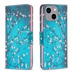 For iPhone 15 Plus Colored Drawing Pattern Leather Phone Case(Plum Blossom)