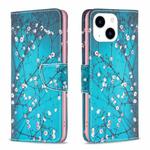 For iPhone 15 Colored Drawing Pattern Leather Phone Case(Plum Blossom)