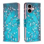 For iPhone 16 Plus Colored Drawing Pattern Leather Phone Case(Plum Blossom)