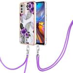 For Motorola Moto E32 4G/E32s Electroplating IMD TPU Phone Case with Lanyard(Purple Flower)