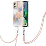For Motorola Moto G54 Electroplating IMD TPU Phone Case with Lanyard(White Marble)