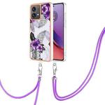 For Motorola Moto G84 Electroplating IMD TPU Phone Case with Lanyard(Purple Flower)