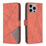 For iPhone 15 Pro Max Magnetic Buckle Rhombus Texture Leather Phone Case(Brown)