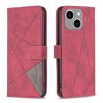 For iPhone 15 Plus Magnetic Buckle Rhombus Texture Leather Phone Case(Red)