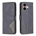For iPhone 16 Magnetic Buckle Rhombus Texture Leather Phone Case(Black)