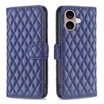 For iPhone 16 Diamond Lattice Wallet Flip Leather Phone Case(Blue)