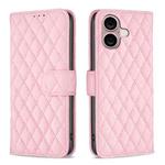 For iPhone 16 Diamond Lattice Wallet Flip Leather Phone Case(Pink)
