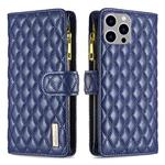 For iPhone 15 Pro Max Diamond Lattice Zipper Wallet Leather Flip Phone Case(Blue)