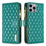 For iPhone 15 Pro Max Diamond Lattice Zipper Wallet Leather Flip Phone Case(Green)