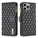 For iPhone 15 Pro Max Diamond Lattice Zipper Wallet Leather Flip Phone Case(Black)